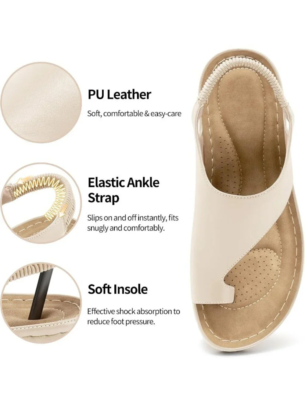Women's Beige Cushioned Soft PU Leather Lightweight Comfortable Wedge Sandal